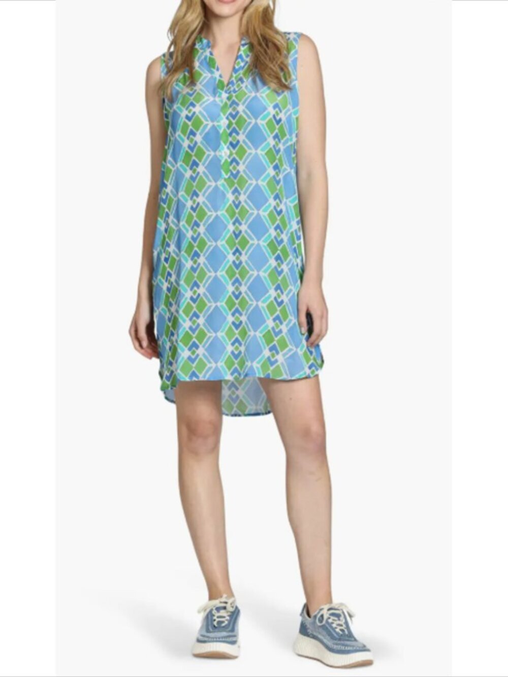 APNY sleeveless shift dress blue green geometric button henley diamond new Large